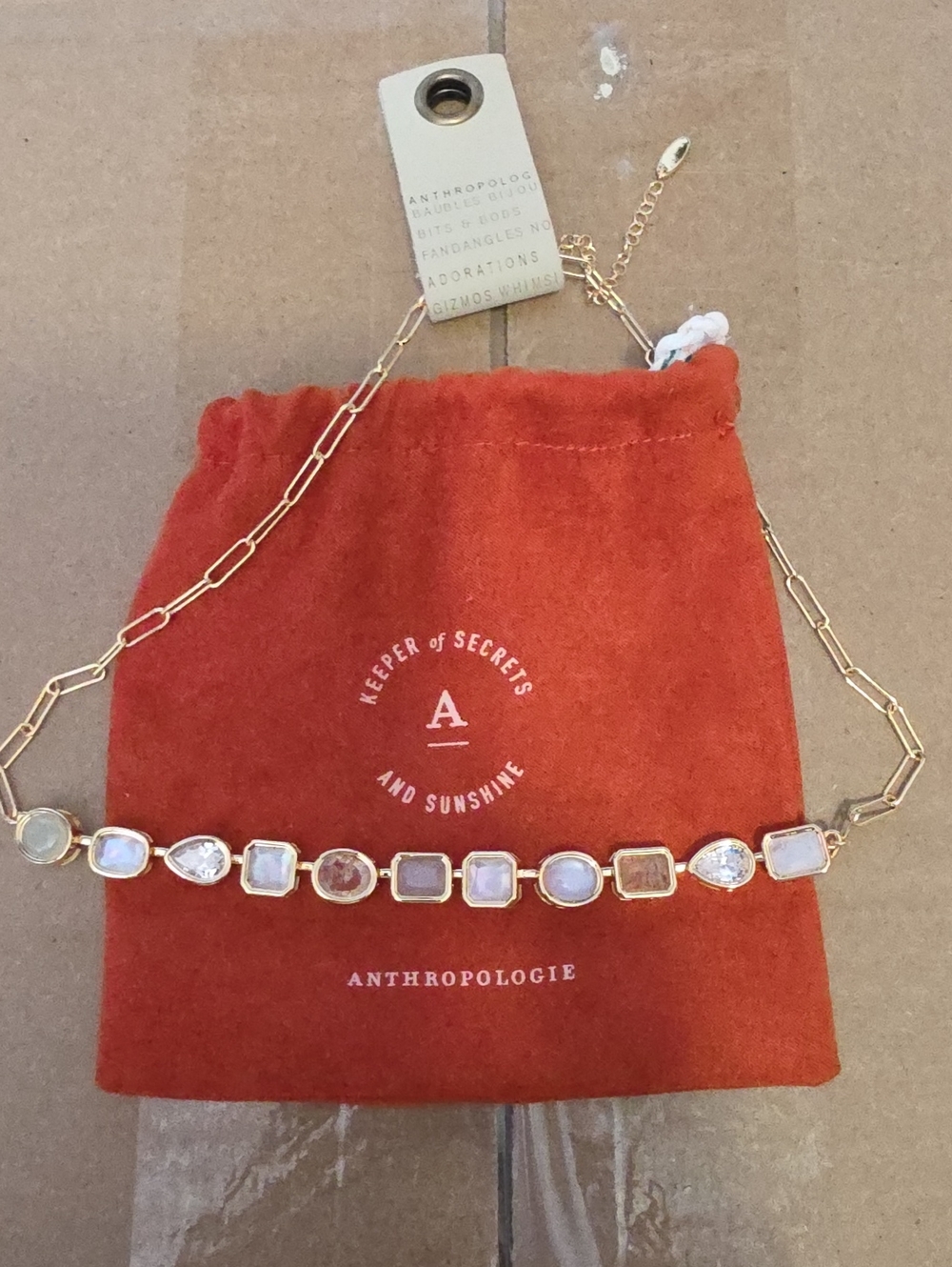 Anthropologie Gold-Tone Chain Necklace with Iridescent Crysyal And Opal Stones